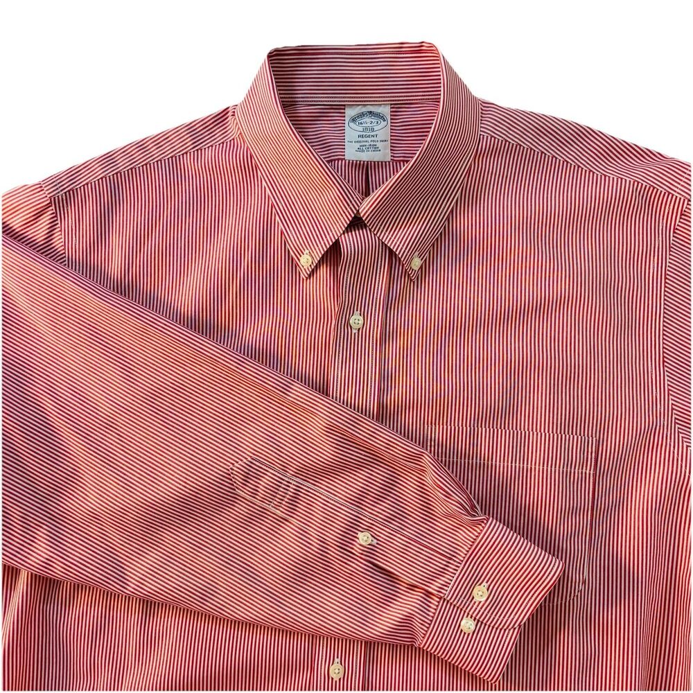 Brooks Brothers Dress Shirt Mens 16.5-2/3 Regent Fit Red White Stripe Non-Iron